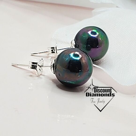 Black Rainbow 10mm  South Sea Shell Pearl Stud Earrings on 925 Sterling … - Picture 3 of 6